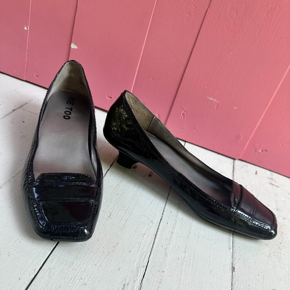 Vintage Y2K Me Too Black Patent Leather Kitten Heel Pumps Square Toe 7.5
